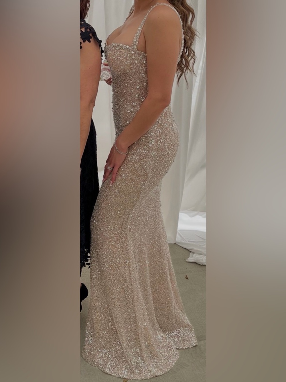 Albina Dyla Sparkling Nude Sequin Evening Gown with Sweetheart Neckline
